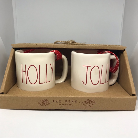Rae Dunn Holly Jolly Ceramic Mini Mug Holiday Ornaments by Magenta Set of 2 NEW - Picture 1 of 7